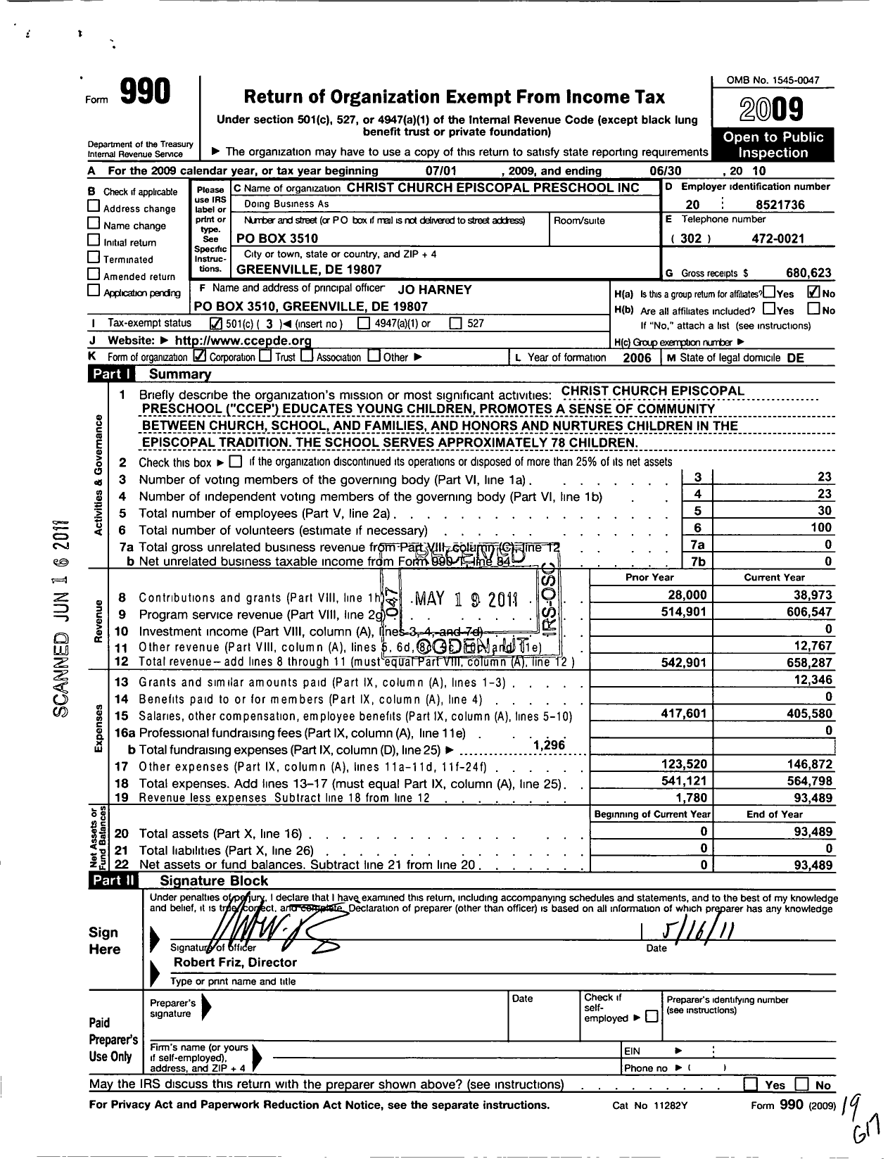 Image of first page of 2009 Form 990 for Christ Church Episcopal Preschool