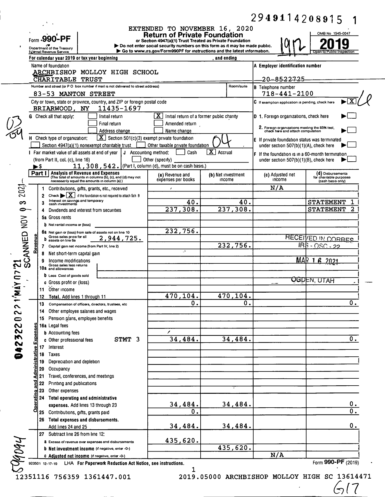 Image of first page of 2019 Form 990PF for Archbishop Molloy High School Charitable Trust