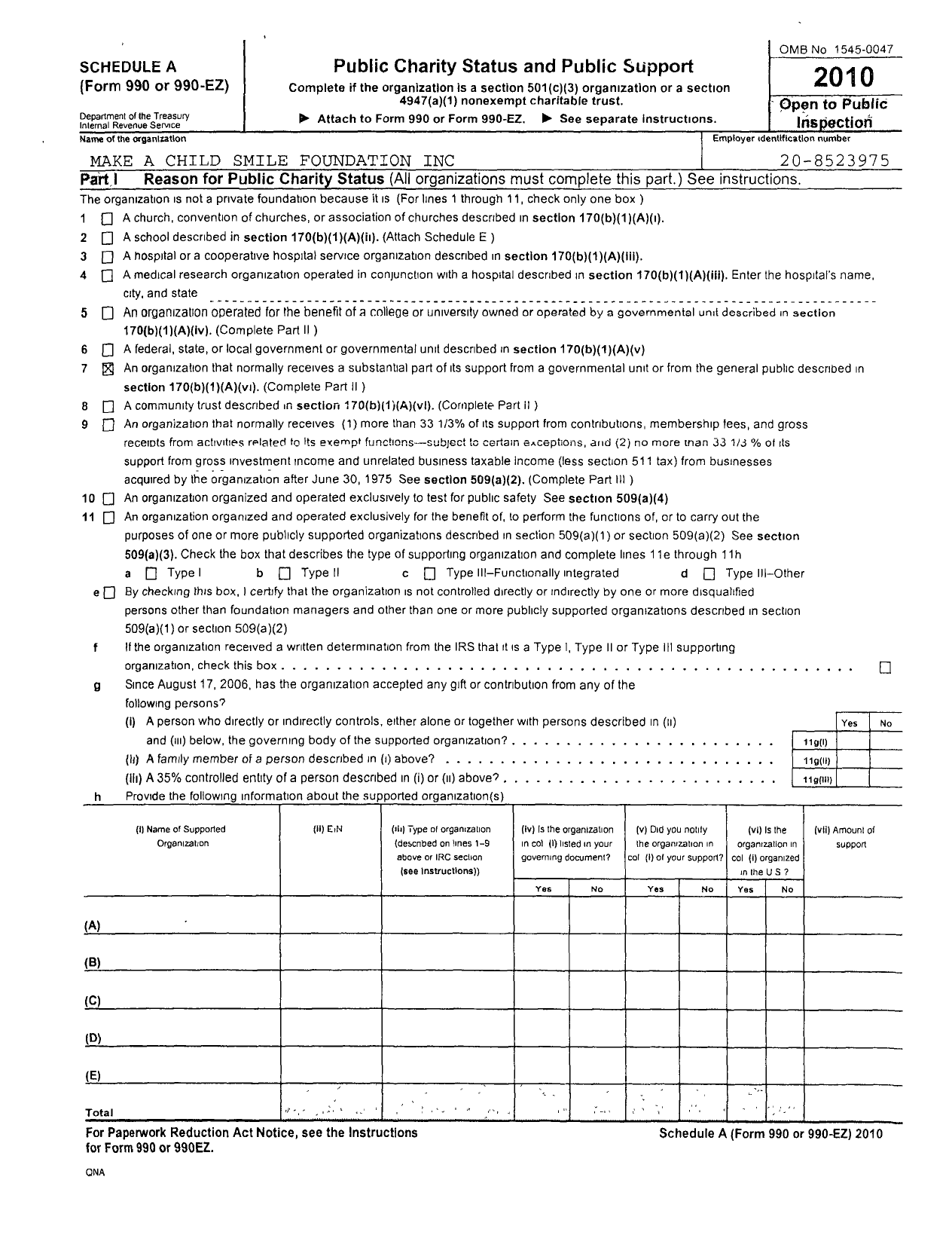 Image of first page of 2010 Form 990R for Make A Child Smile Foundation
