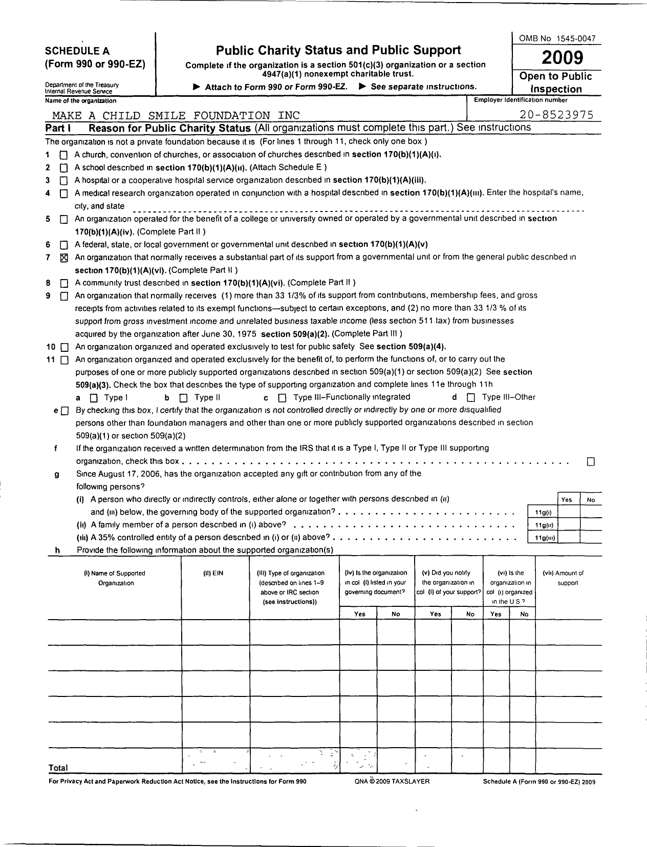 Image of first page of 2009 Form 990R for Make A Child Smile Foundation