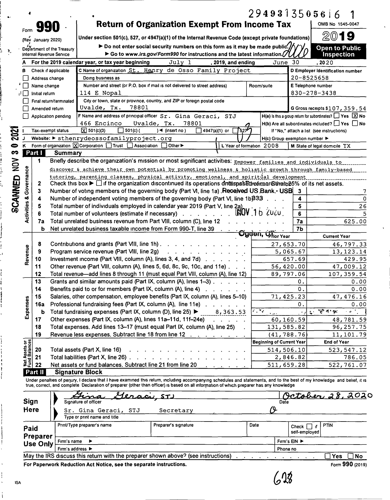 Image of first page of 2019 Form 990 for St Henry de Osso Family Project