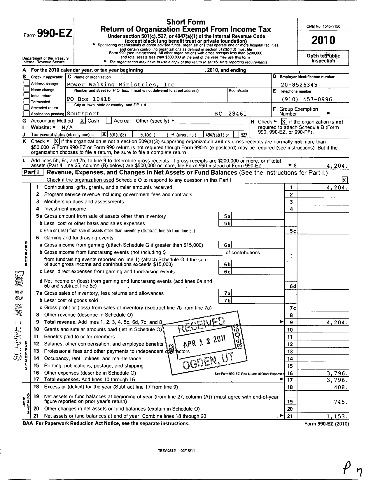 Image of first page of 2010 Form 990EZ for Power Walking Ministries