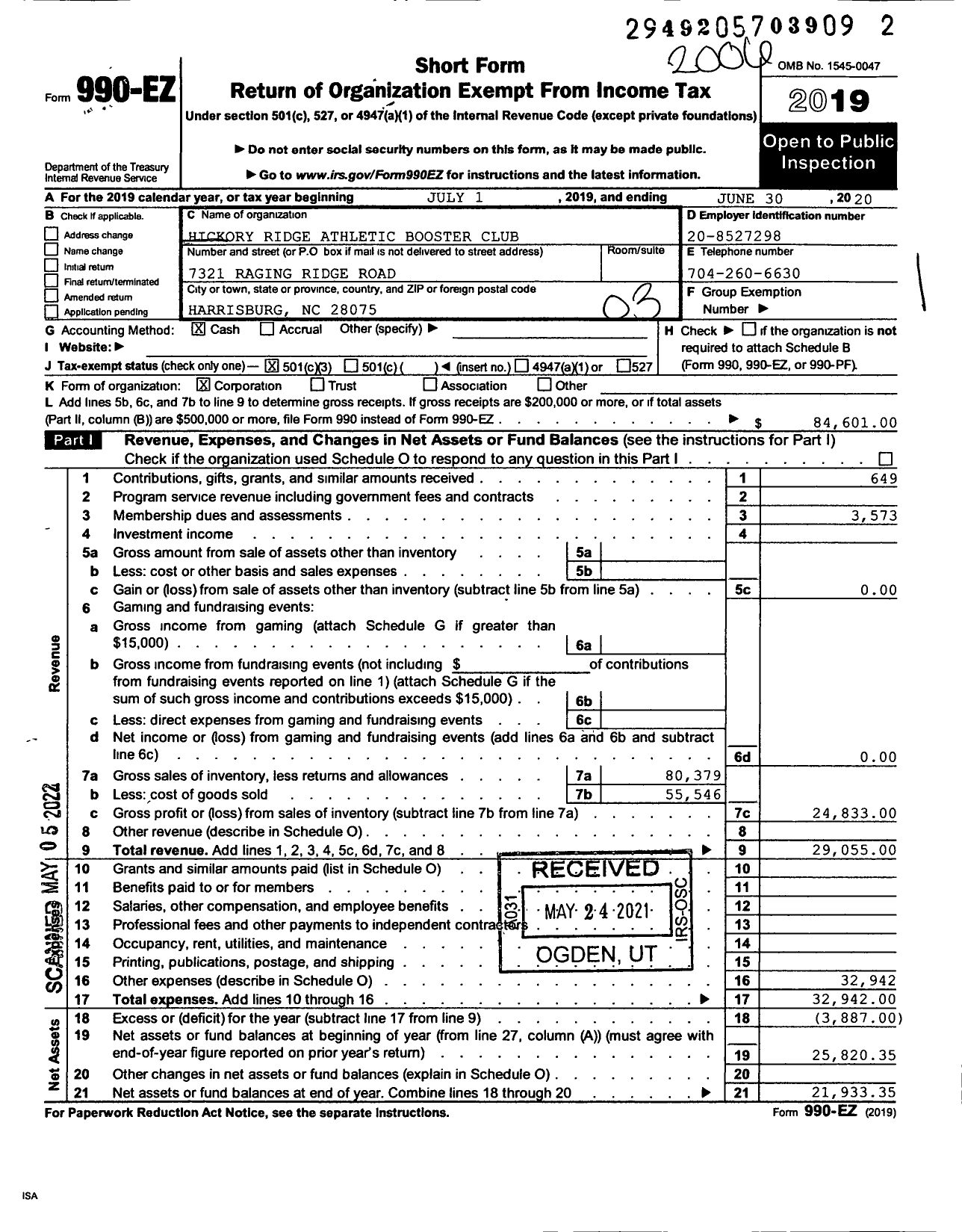 Image of first page of 2019 Form 990EZ for Hickory Ridge Athletic Booster Club