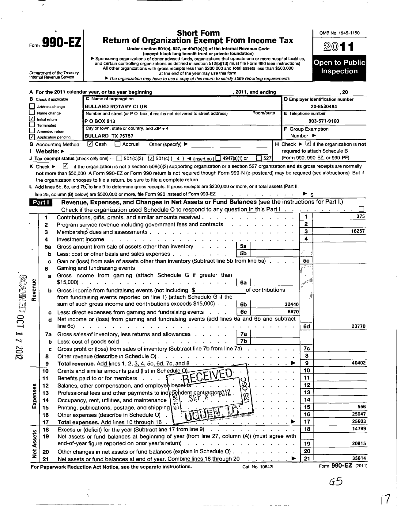 Image of first page of 2011 Form 990EO for Rotary Club of Bullard