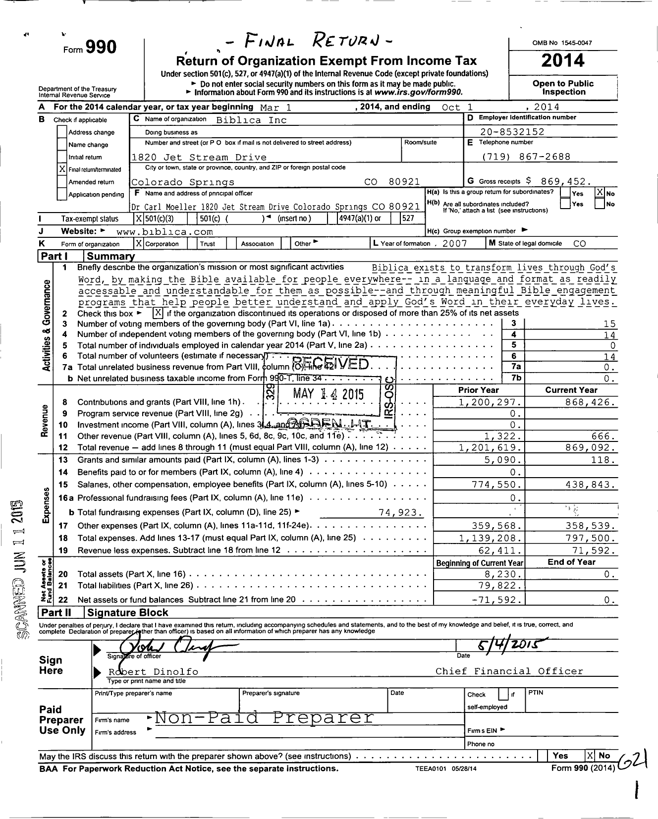 Image of first page of 2013 Form 990 for Biblica