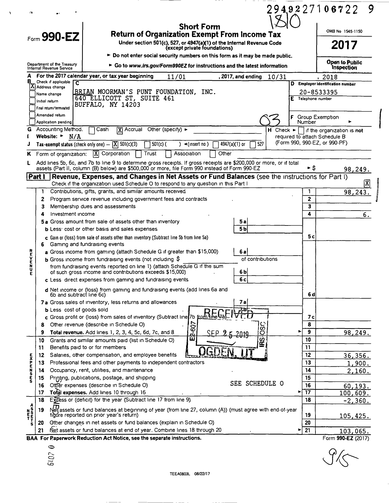 Image of first page of 2017 Form 990EZ for Punt Pediatric Cancer Collaborative