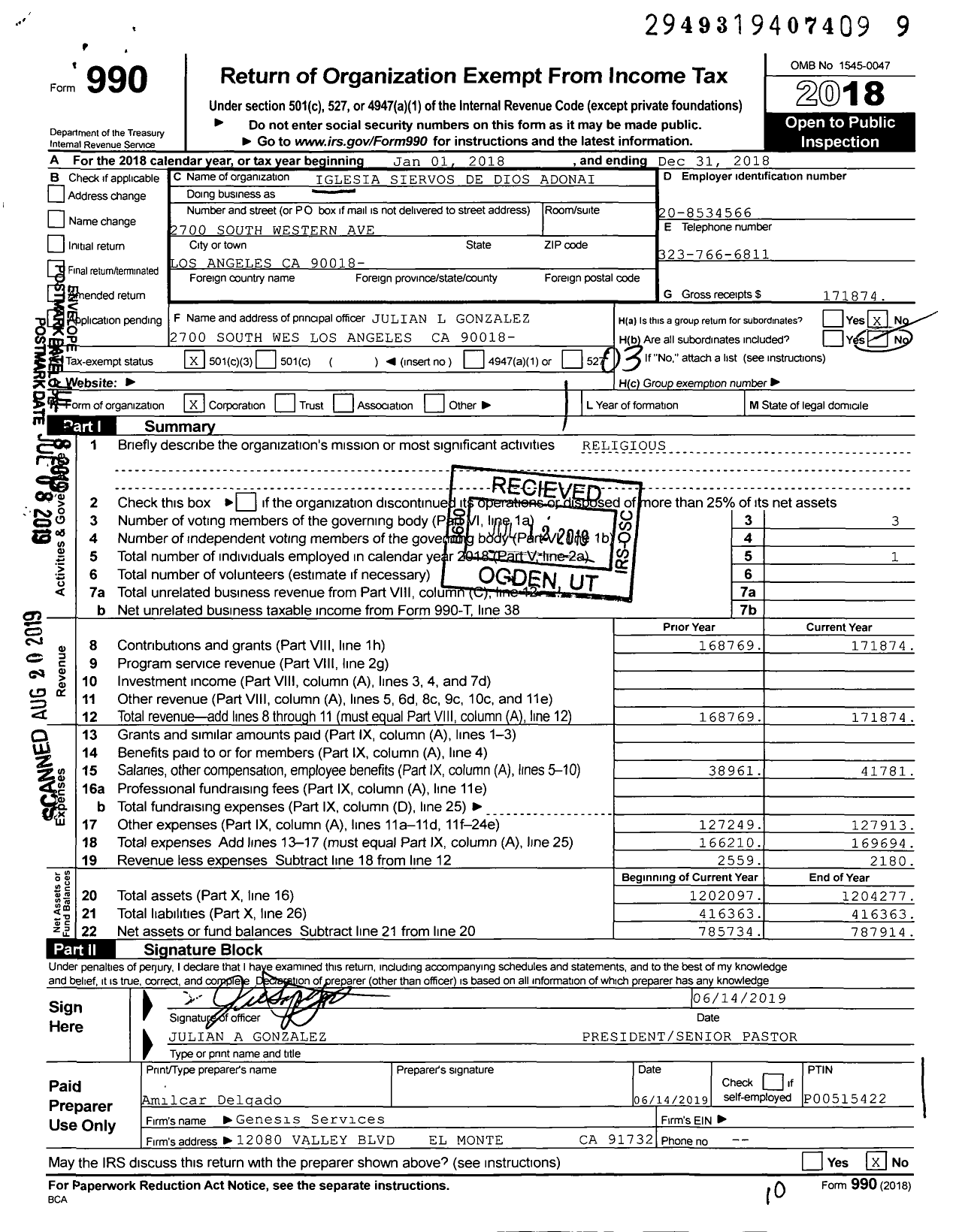 Image of first page of 2018 Form 990 for Iglesia Siervos de Dios Adonai