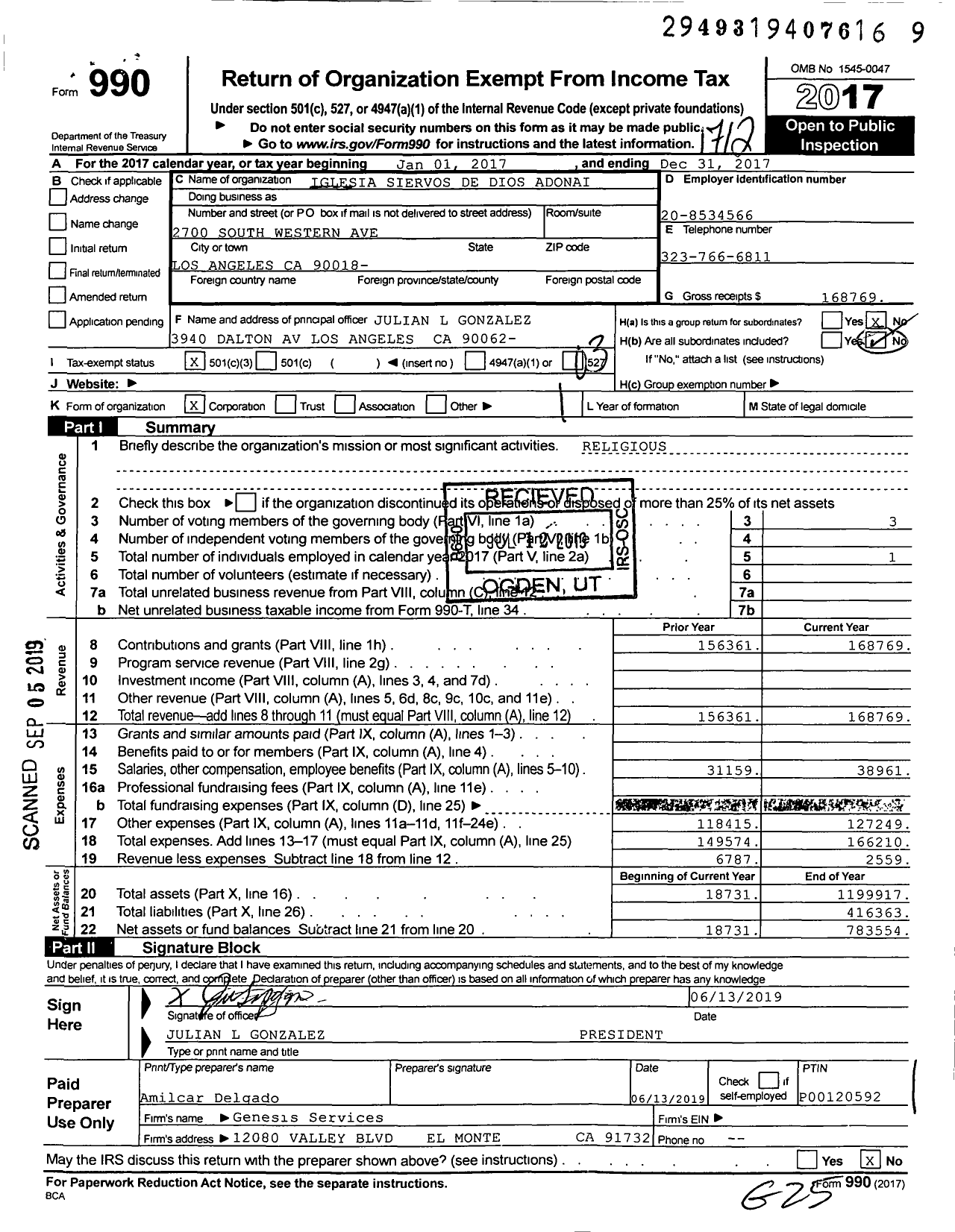 Image of first page of 2017 Form 990 for Iglesia Siervos de Dios Adonai