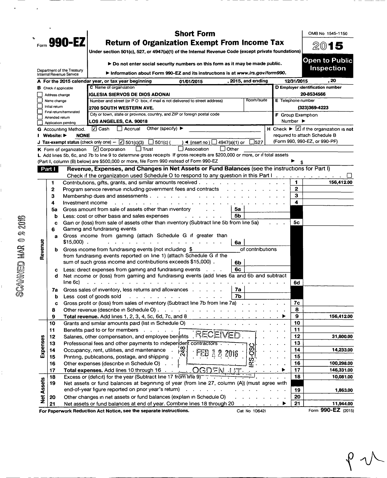 Image of first page of 2015 Form 990EZ for Iglesia Siervos de Dios Adonai