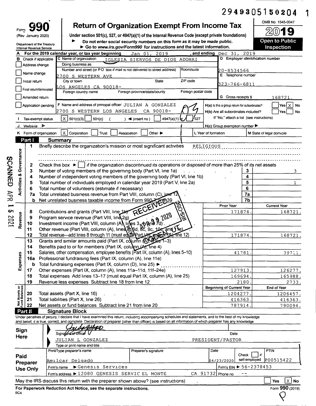 Image of first page of 2019 Form 990 for Iglesia Siervos de Dios Adonai