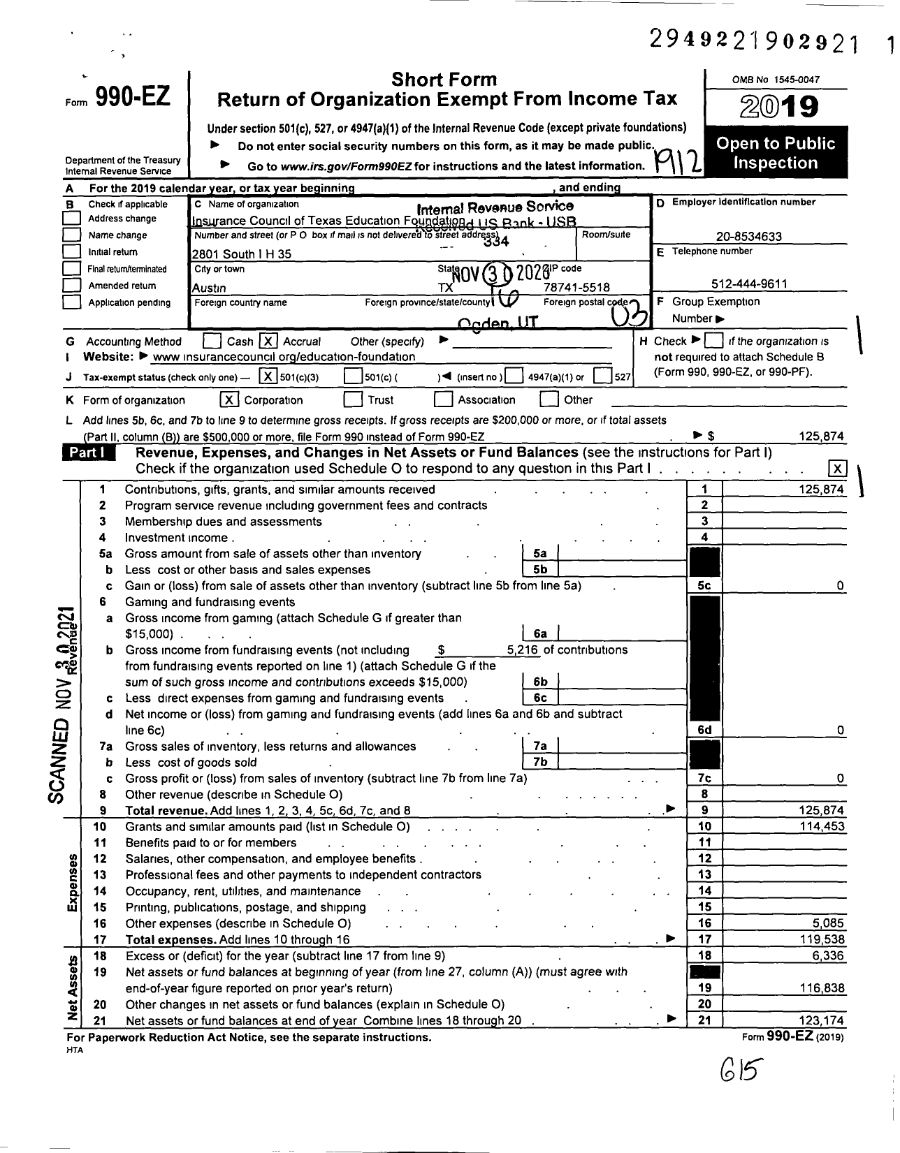 Image of first page of 2019 Form 990EZ for Insurance Council of Texas Education Foundation