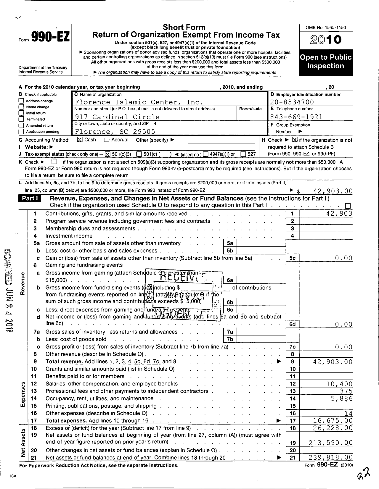 Image of first page of 2010 Form 990EZ for Florence Islamic Center