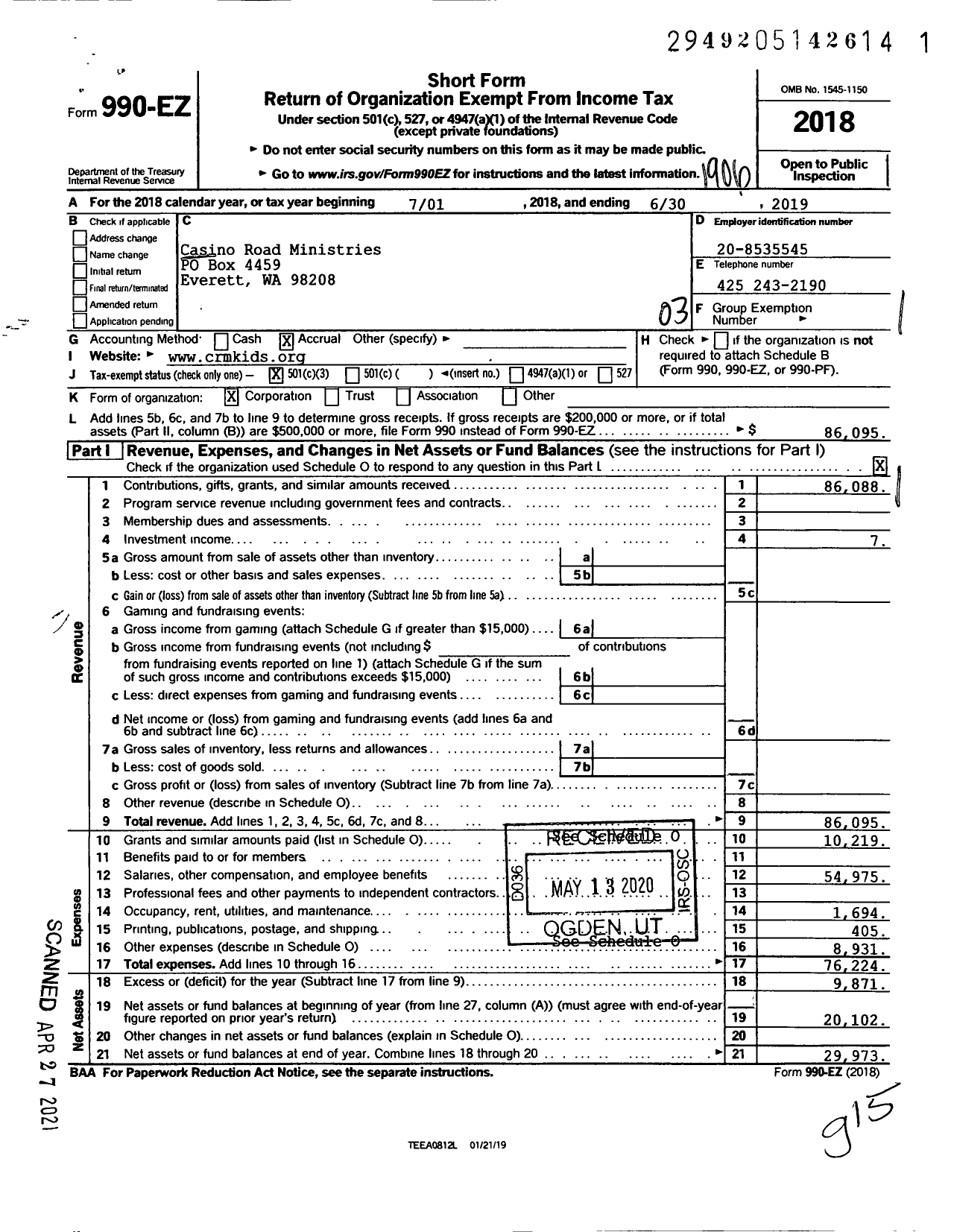 Image of first page of 2018 Form 990EZ for Casino Road Kids Ministries