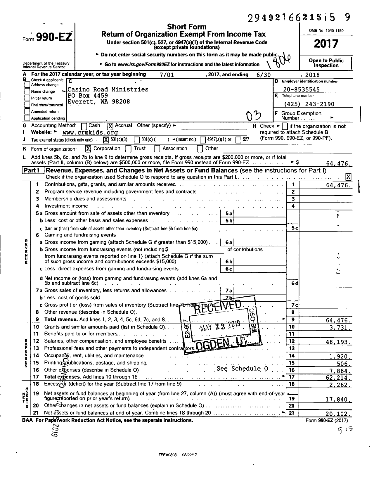 Image of first page of 2017 Form 990EZ for Casino Road Kids Ministries