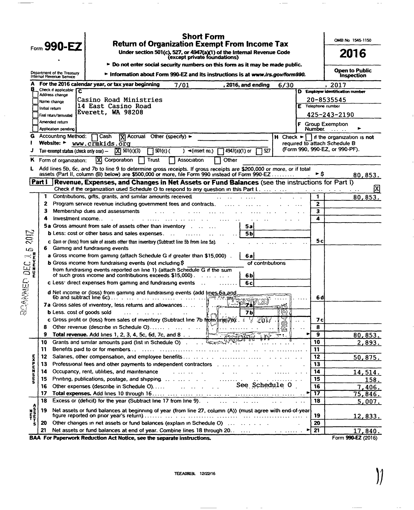 Image of first page of 2016 Form 990EZ for Casino Road Ministries