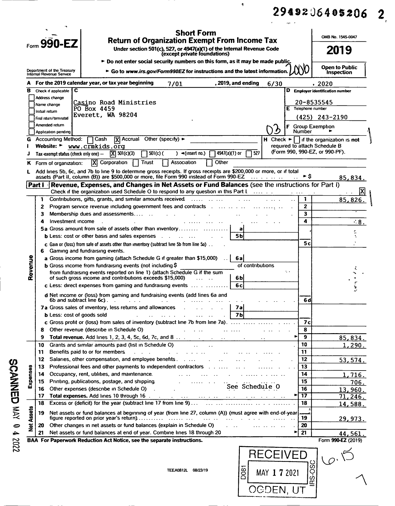 Image of first page of 2019 Form 990EZ for Casino Road Kids Ministries