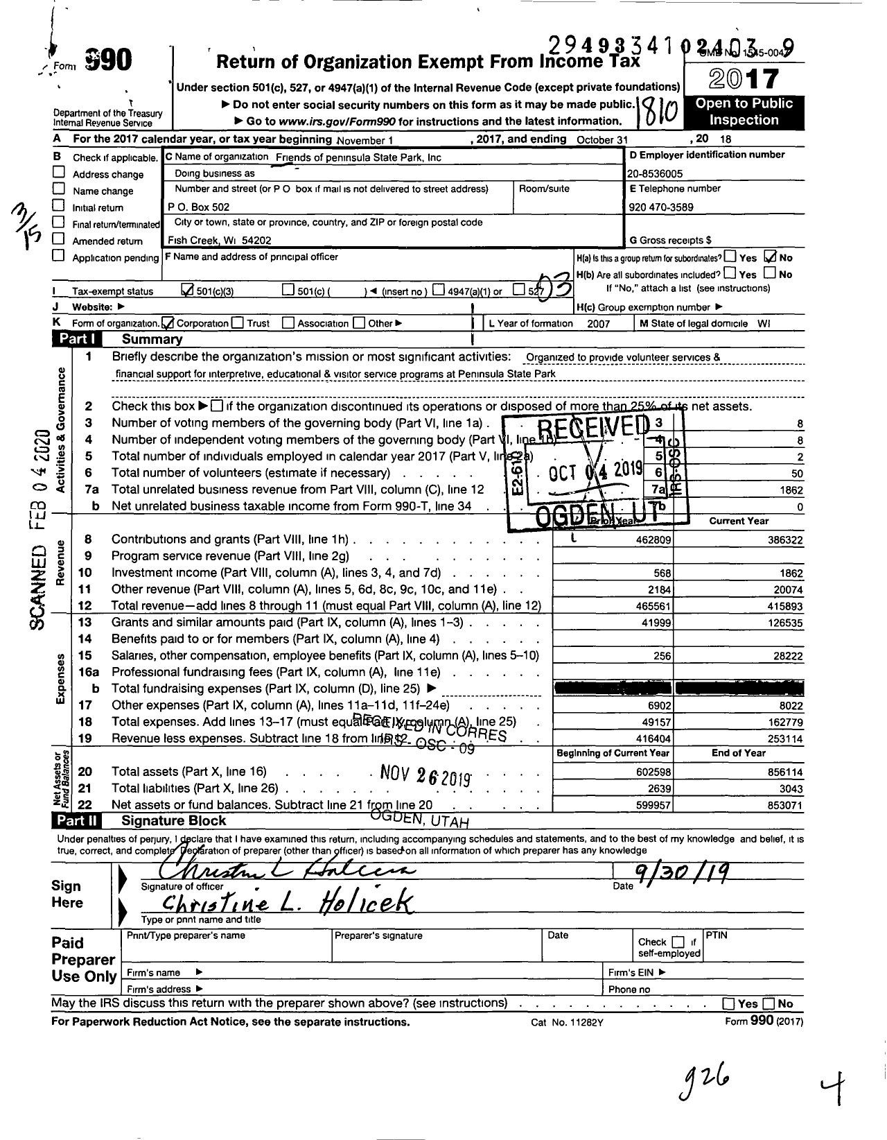 Image of first page of 2017 Form 990 for Friends of Peninsula State Park
