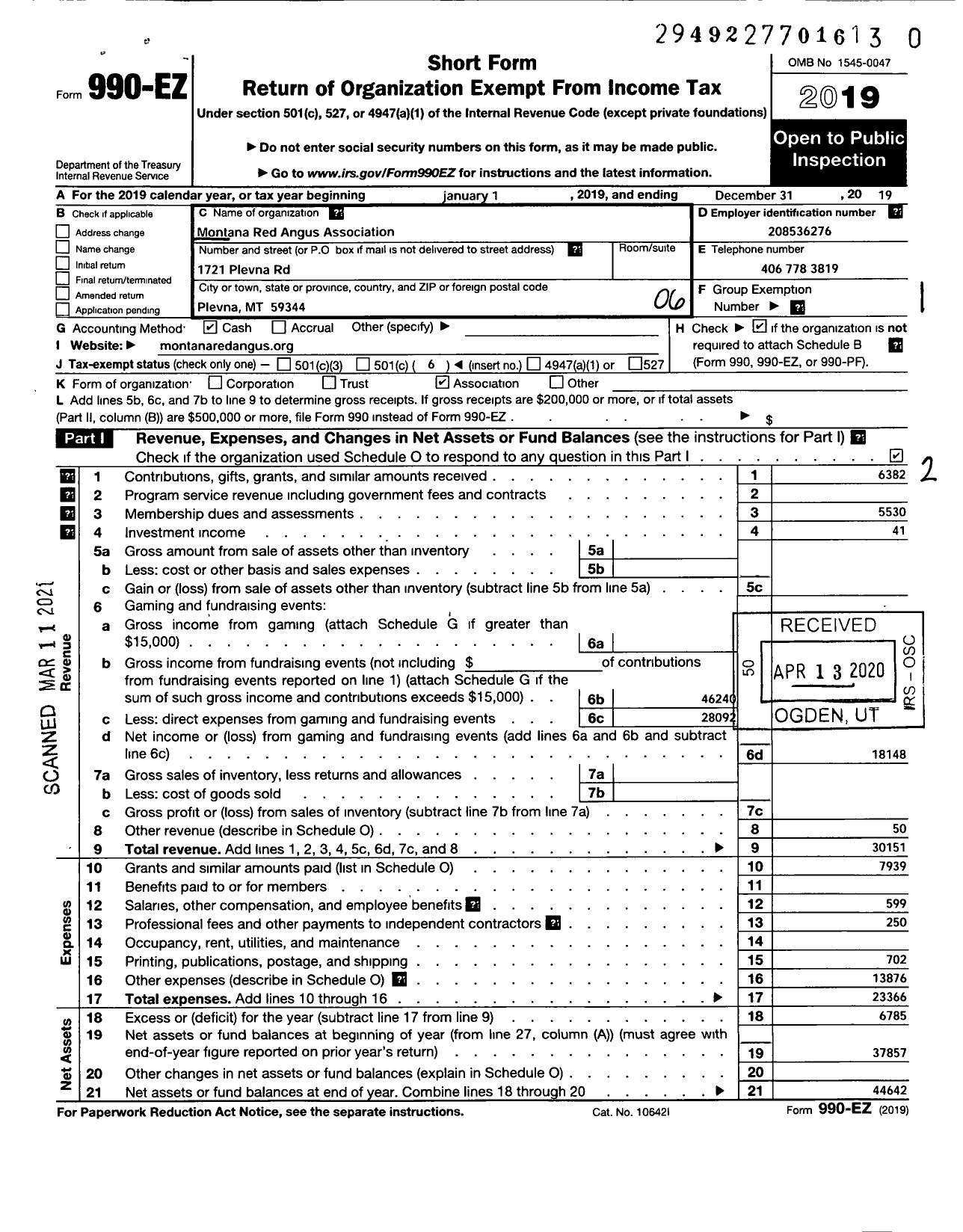 Image of first page of 2019 Form 990EO for Montana Red Angus Association Incorporated