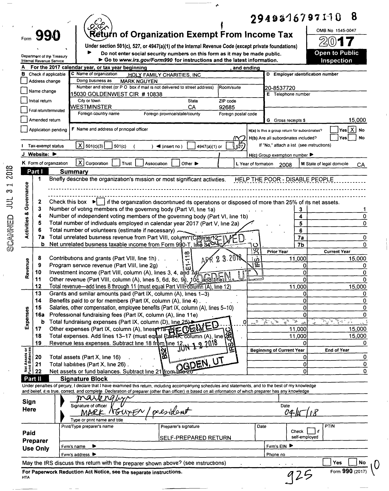 Image of first page of 2017 Form 990 for Holy Family Charities