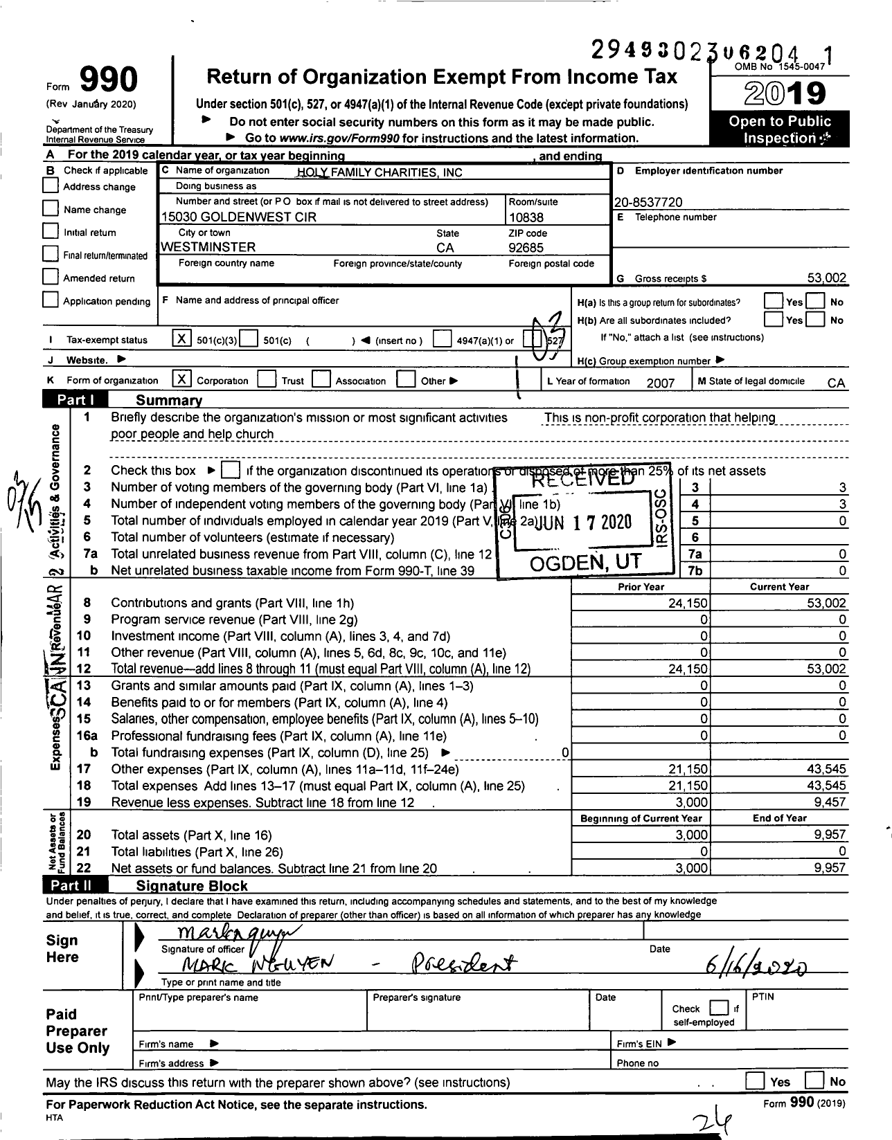 Image of first page of 2019 Form 990 for Holy Family Charities