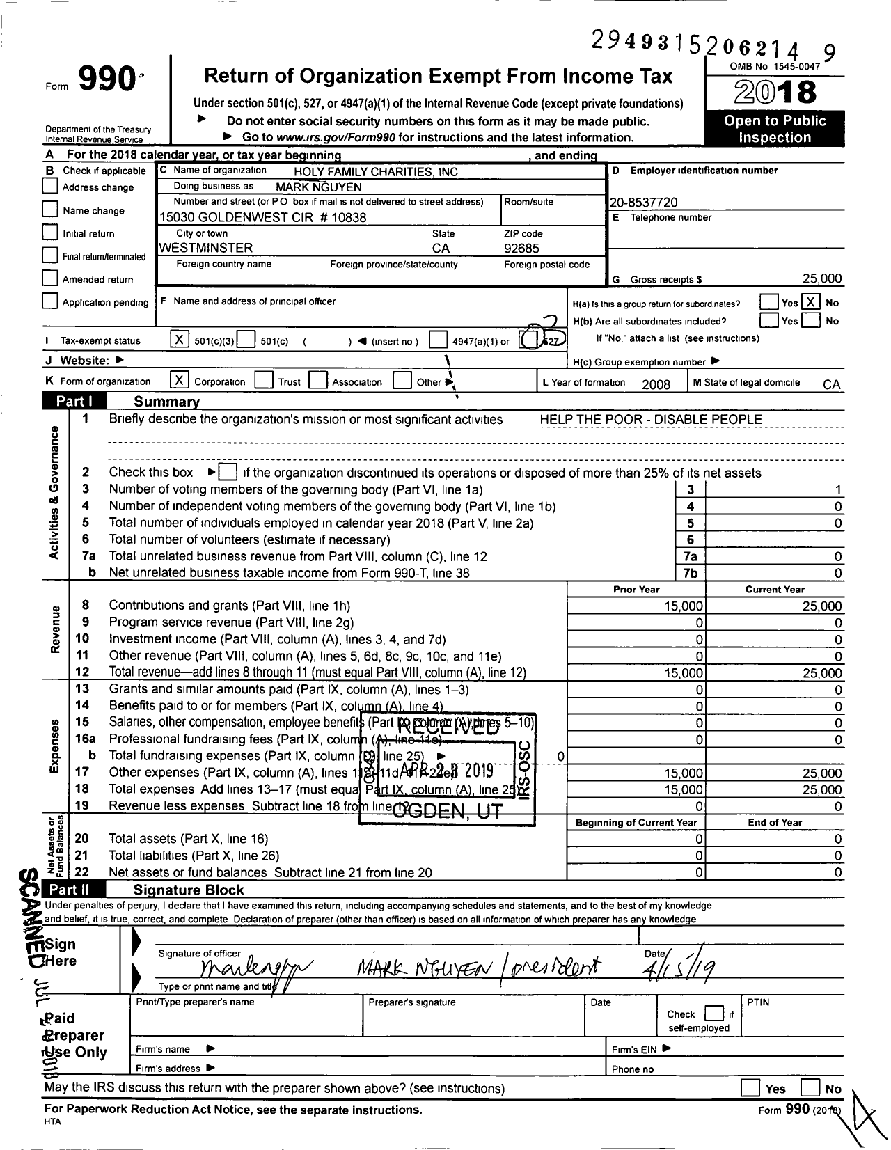 Image of first page of 2018 Form 990 for Holy Family Charities