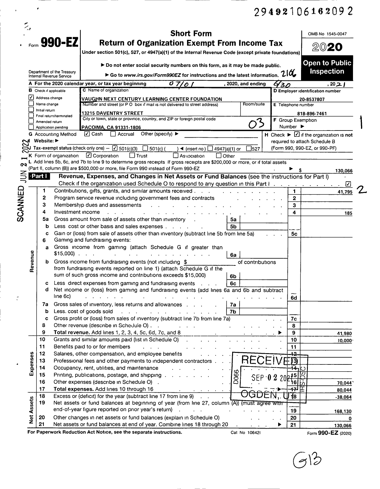 Image of first page of 2020 Form 990EZ for Vaughn Next Century Learning Centerfoundation