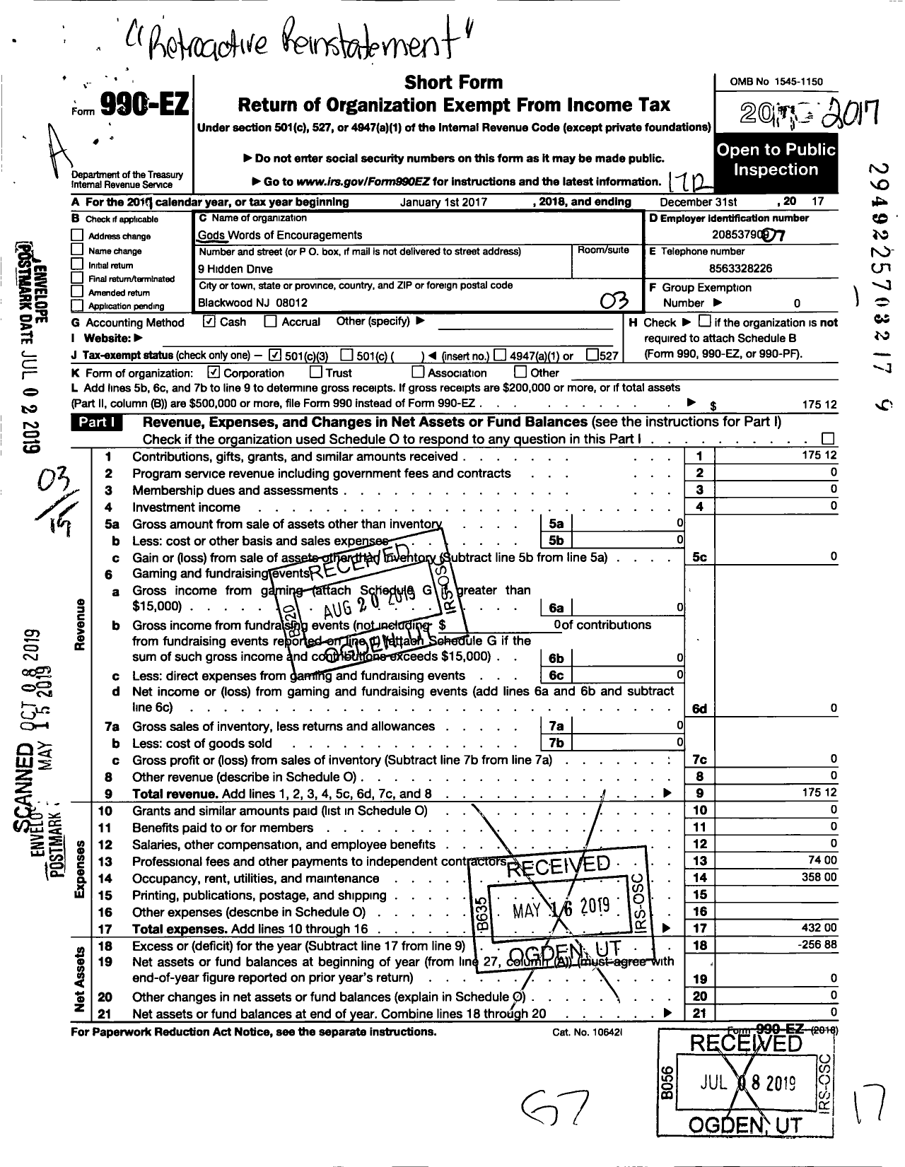 Image of first page of 2017 Form 990EZ for Gods Words of Encouragements