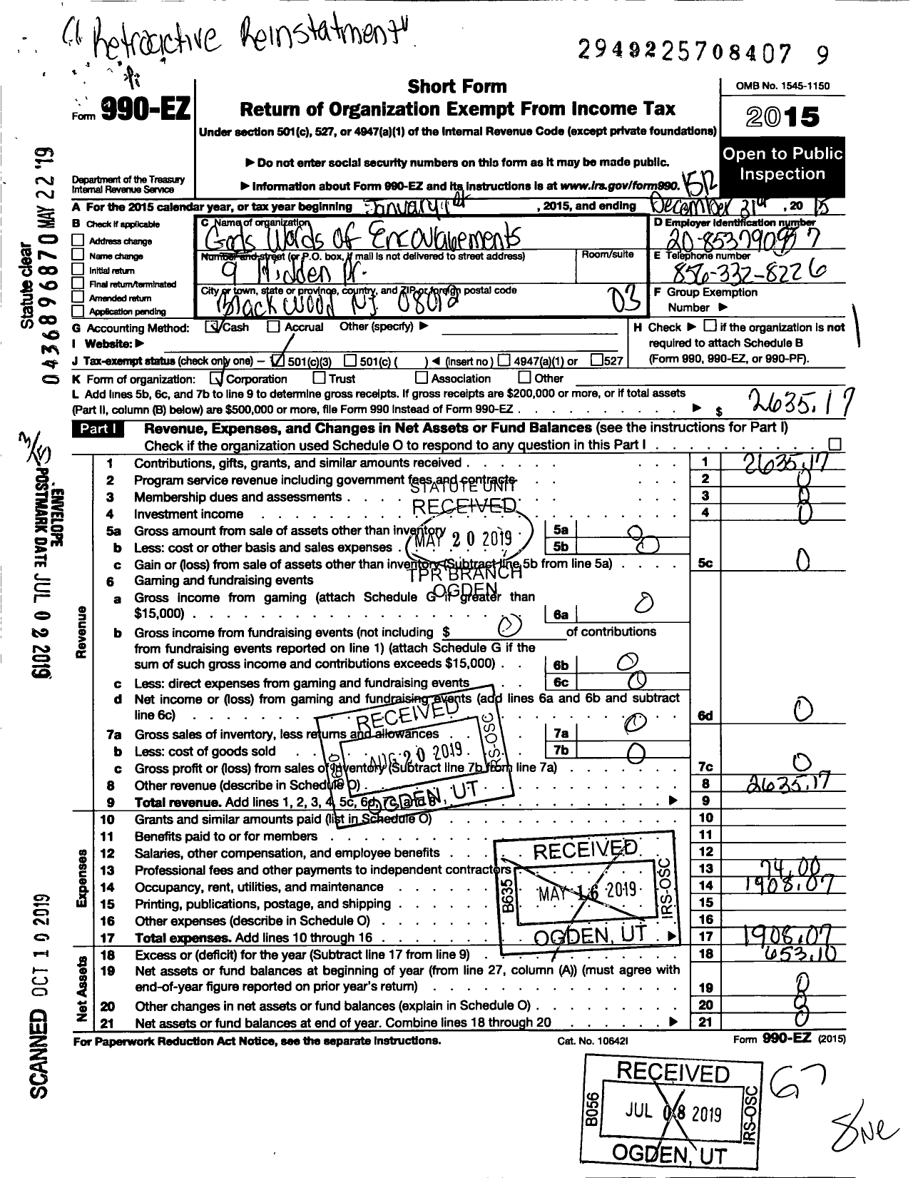 Image of first page of 2015 Form 990EZ for Gods Words of Encouragements