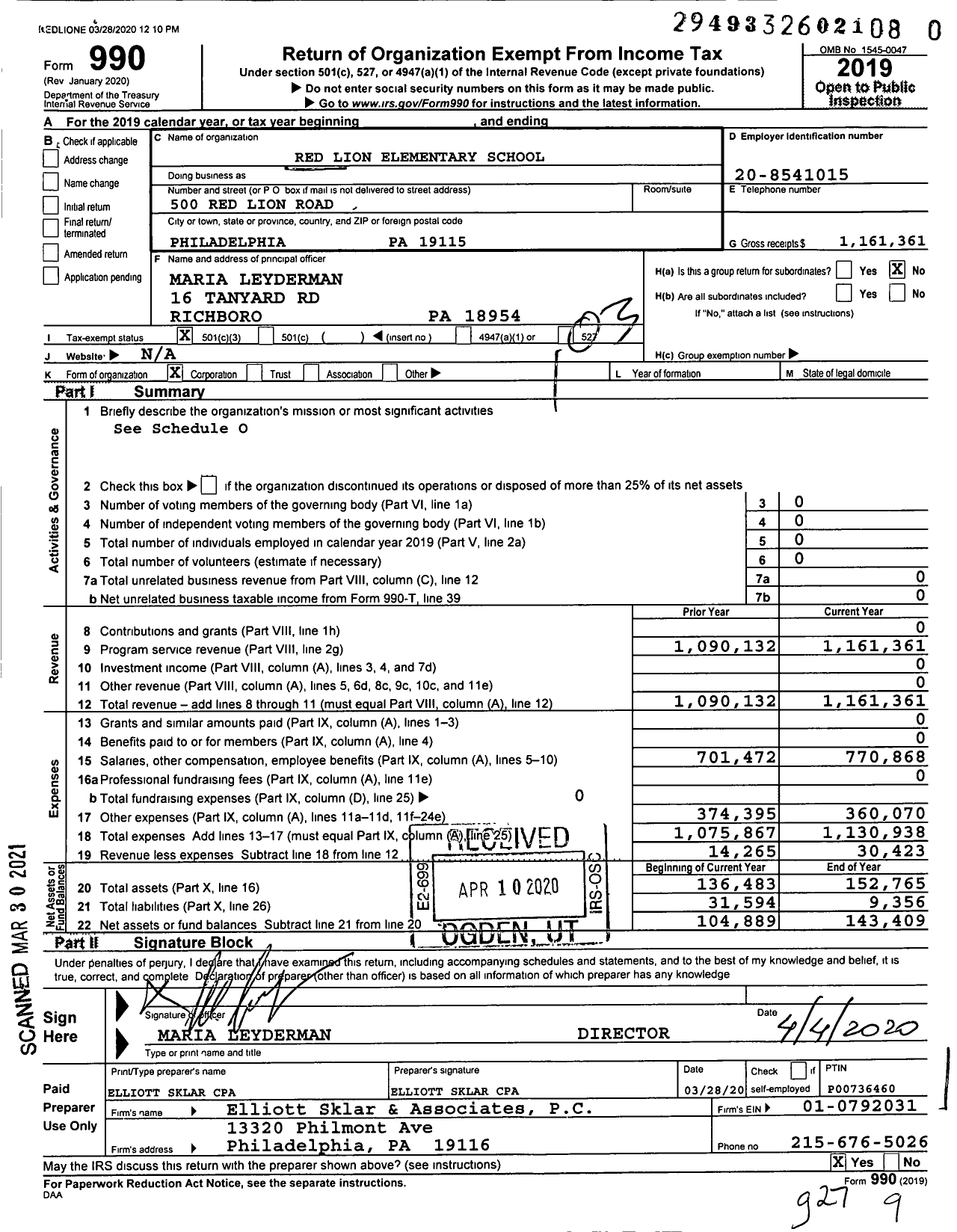 Image of first page of 2019 Form 990 for Red Lion Elementary School