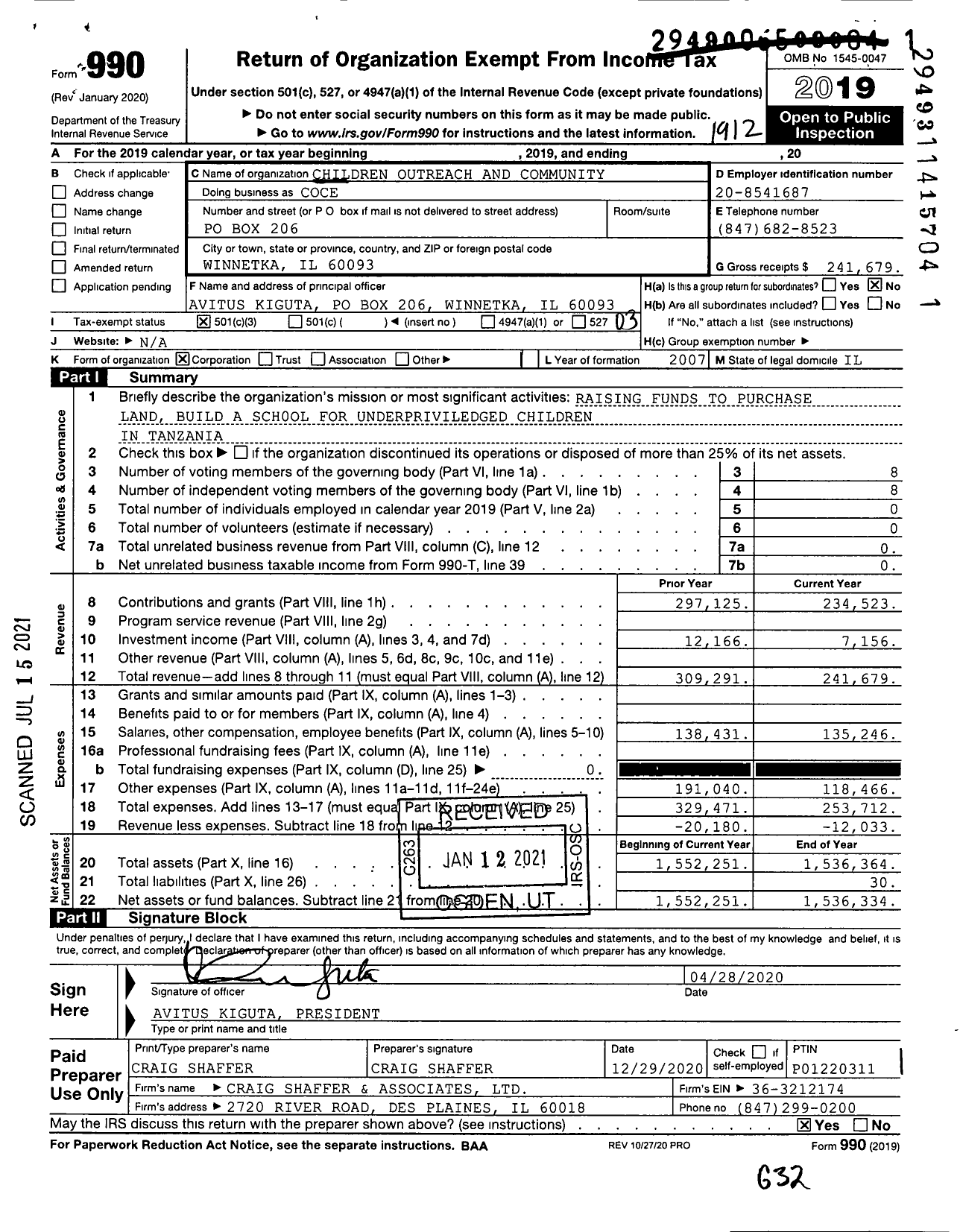 Image of first page of 2019 Form 990 for Children Outreach and Community (COCE)