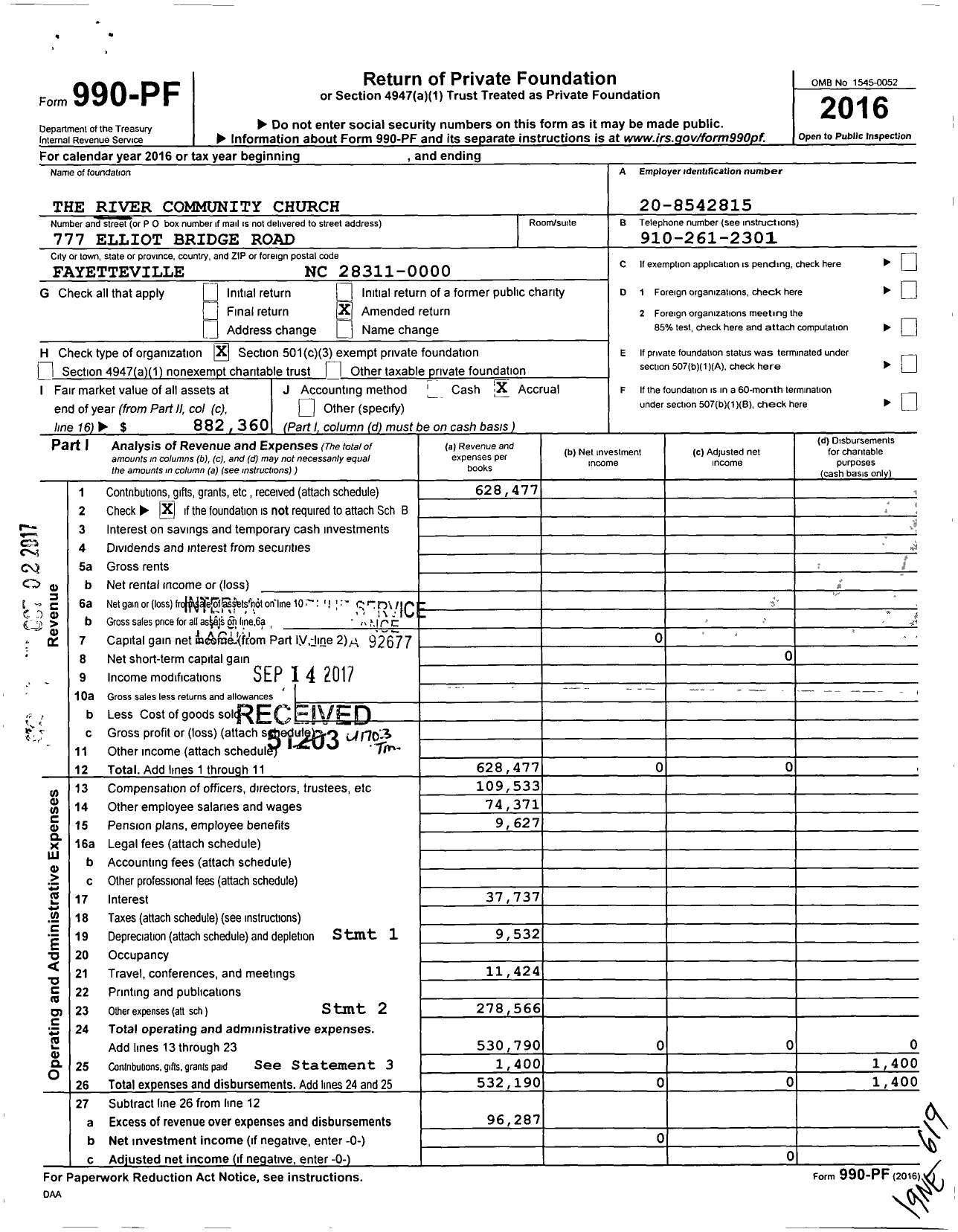 Image of first page of 2016 Form 990PF for River Community Church