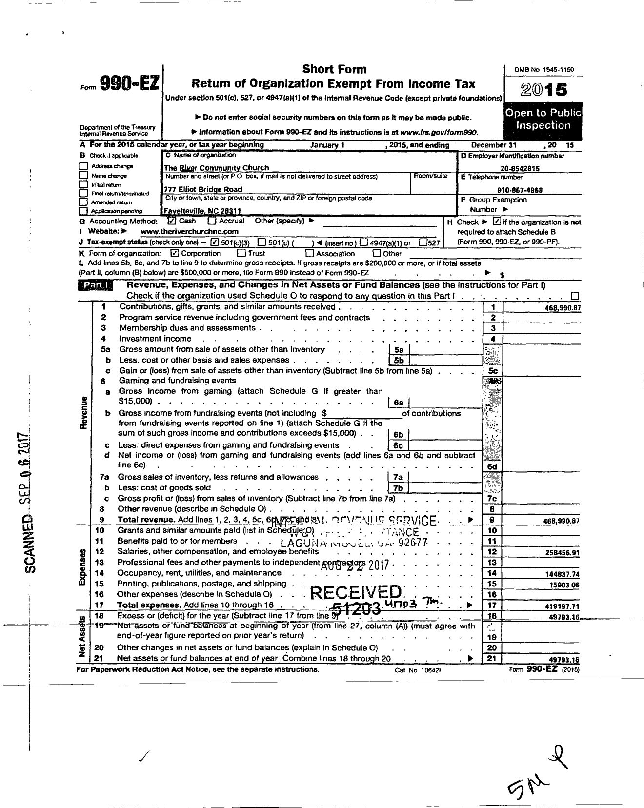 Image of first page of 2015 Form 990EZ for River Community Church