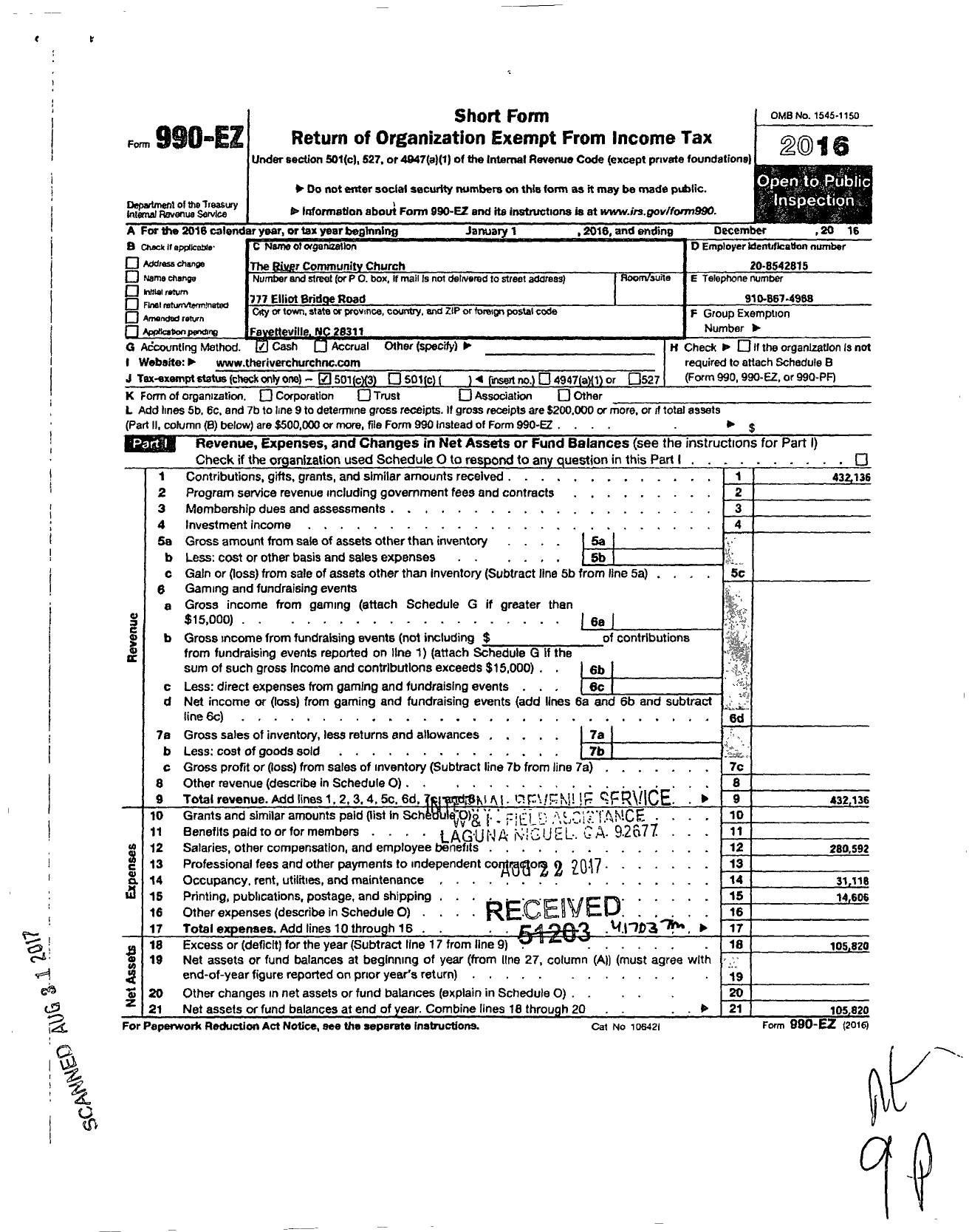 Image of first page of 2016 Form 990EZ for River Community Church
