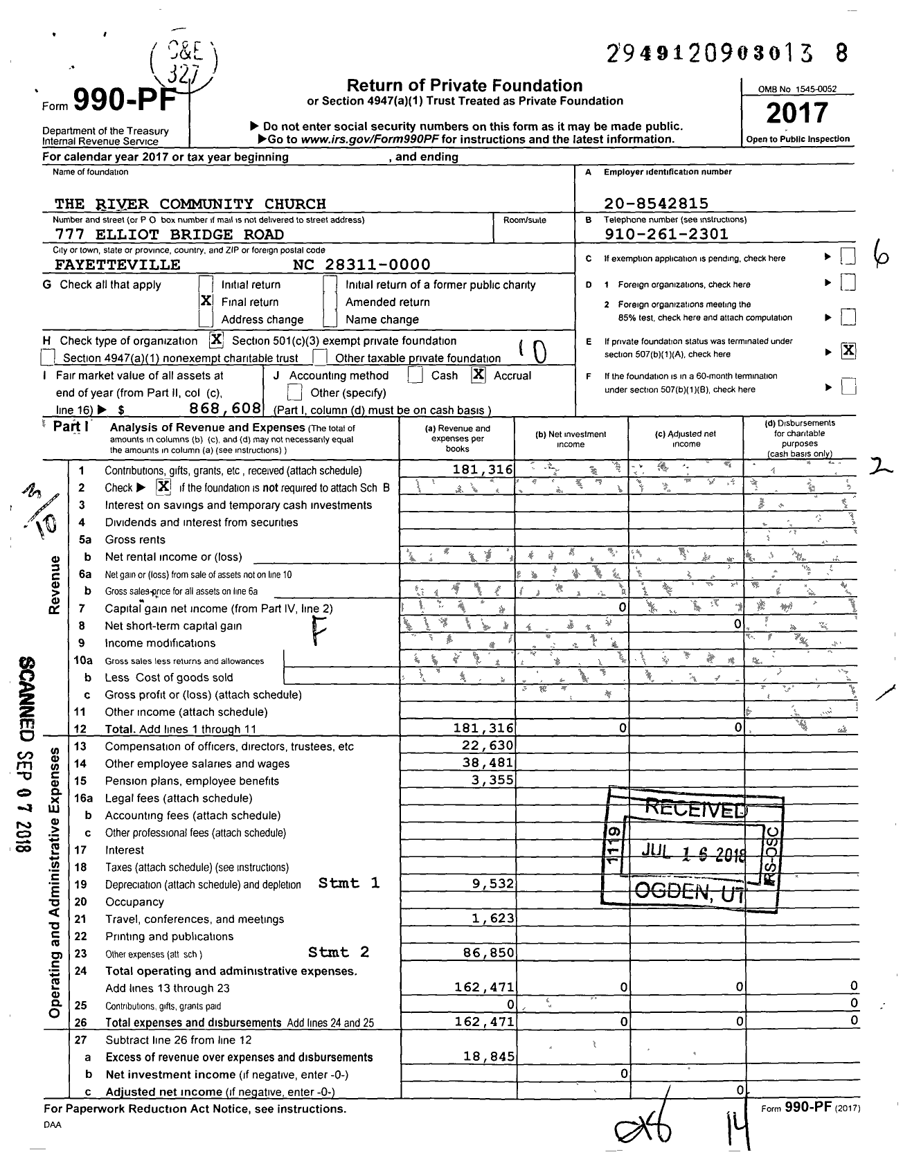 Image of first page of 2017 Form 990PF for River Community Church