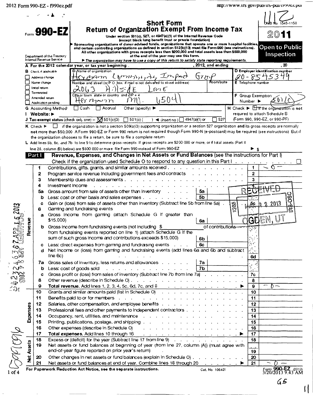 Image of first page of 2011 Form 990EZ for Hermann Community Impact Group