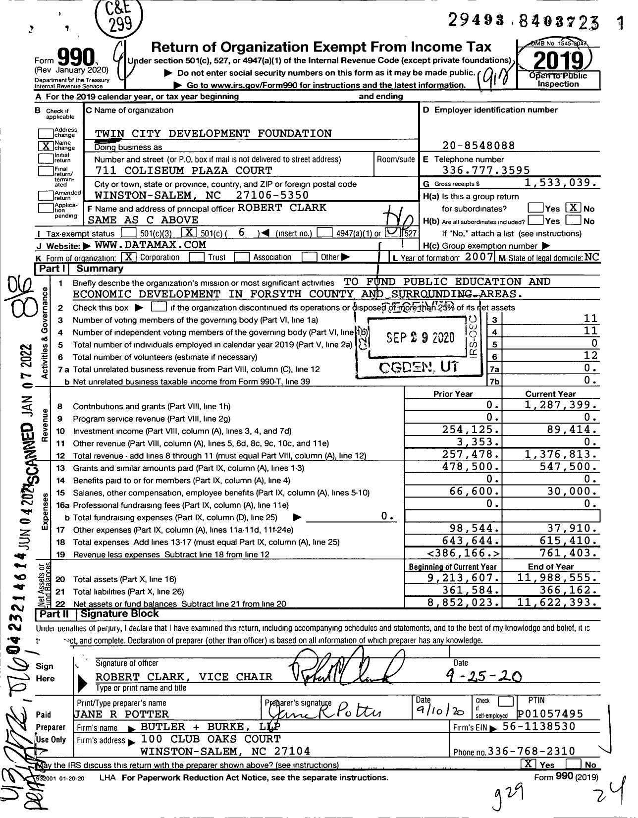 Image of first page of 2019 Form 990O for Twin City Development Foundation