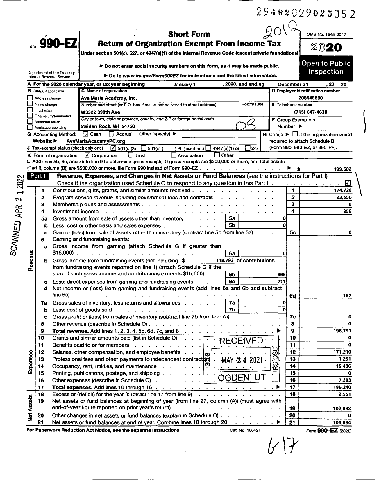 Image of first page of 2020 Form 990EZ for Ave Maria Academy