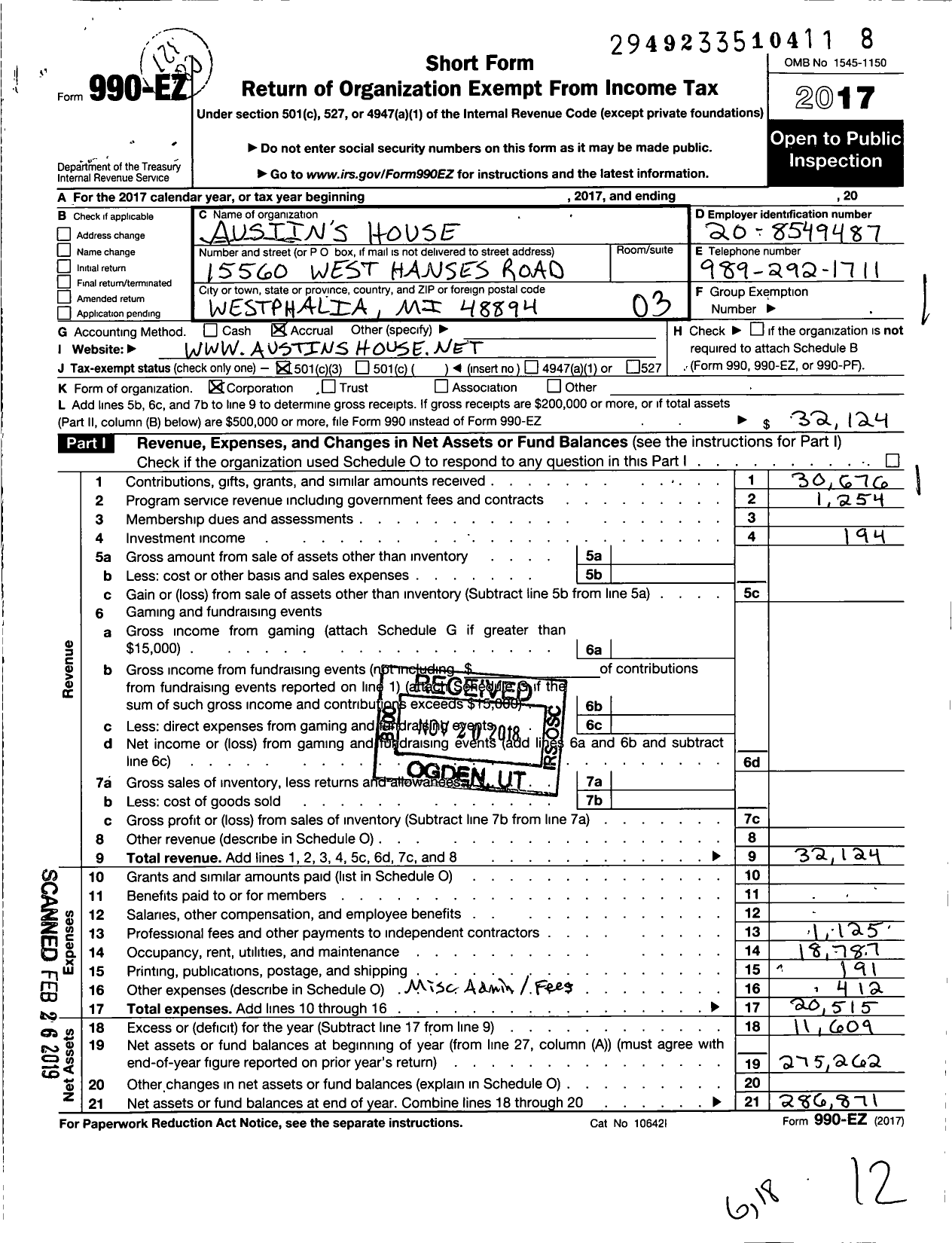 Image of first page of 2017 Form 990EZ for Austins House