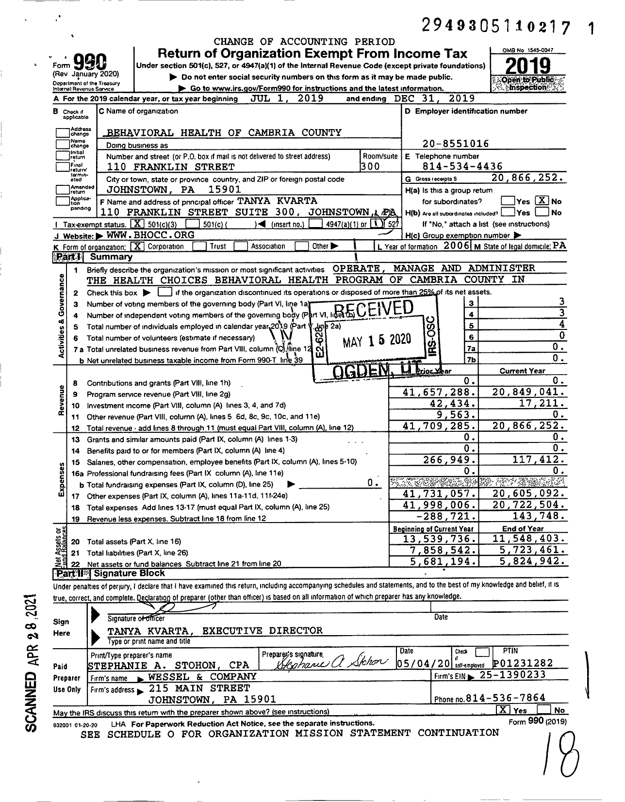 Image of first page of 2019 Form 990 for Behavioral Health of Cambria County