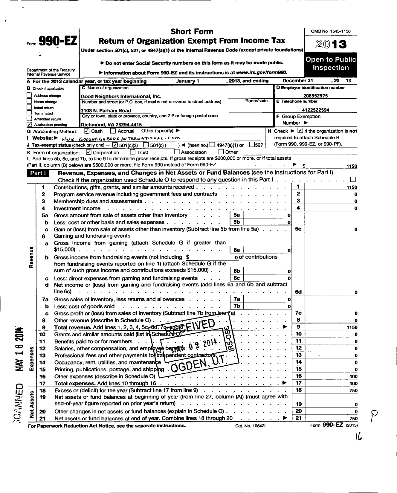 Image of first page of 2013 Form 990EZ for Good Neighbors International