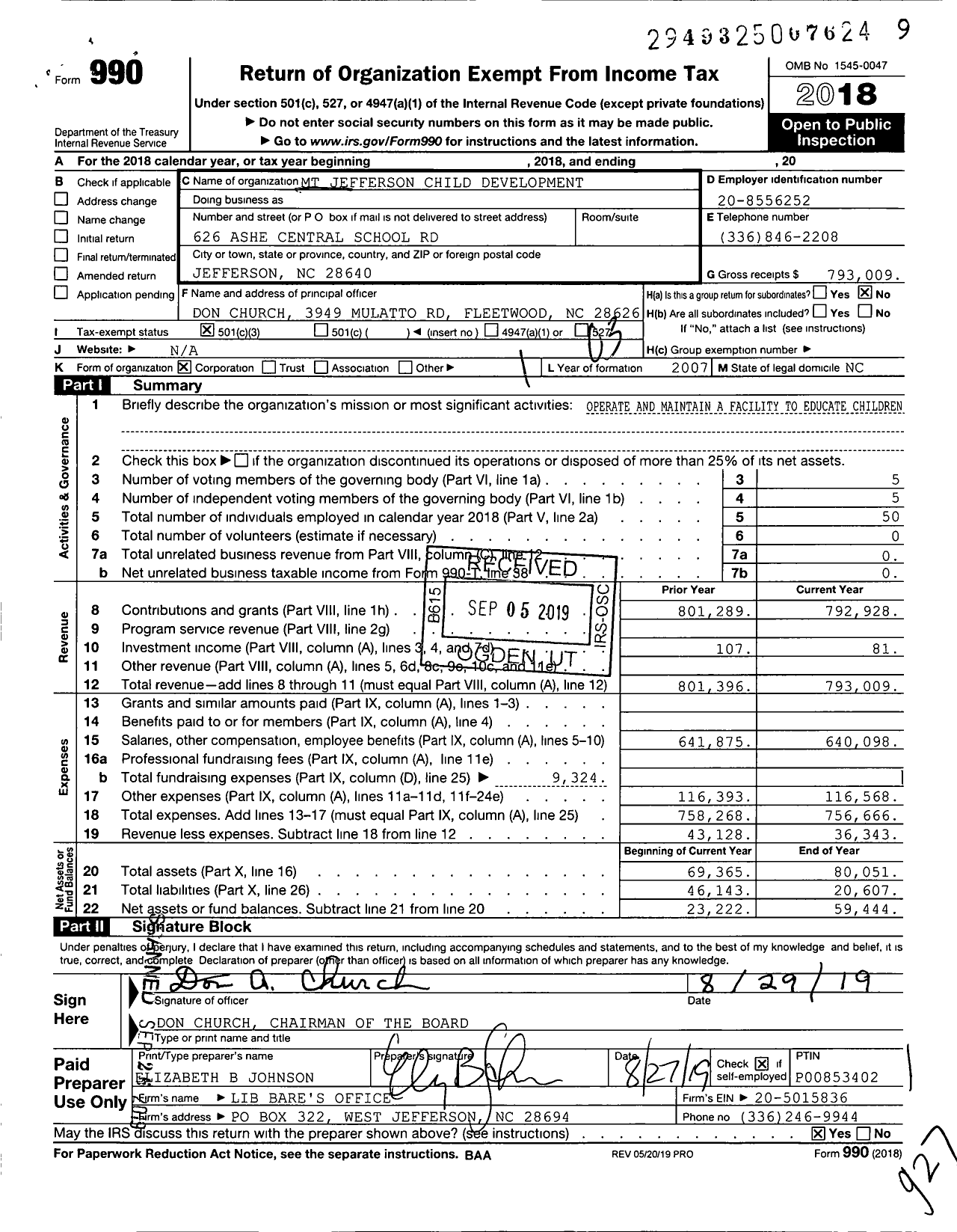 Image of first page of 2018 Form 990 for MT Jefferson Child Development