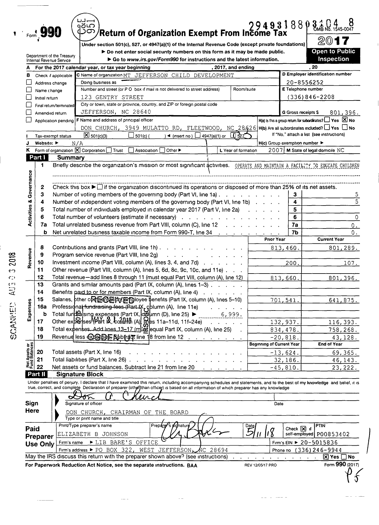 Image of first page of 2017 Form 990 for MT Jefferson Child Development