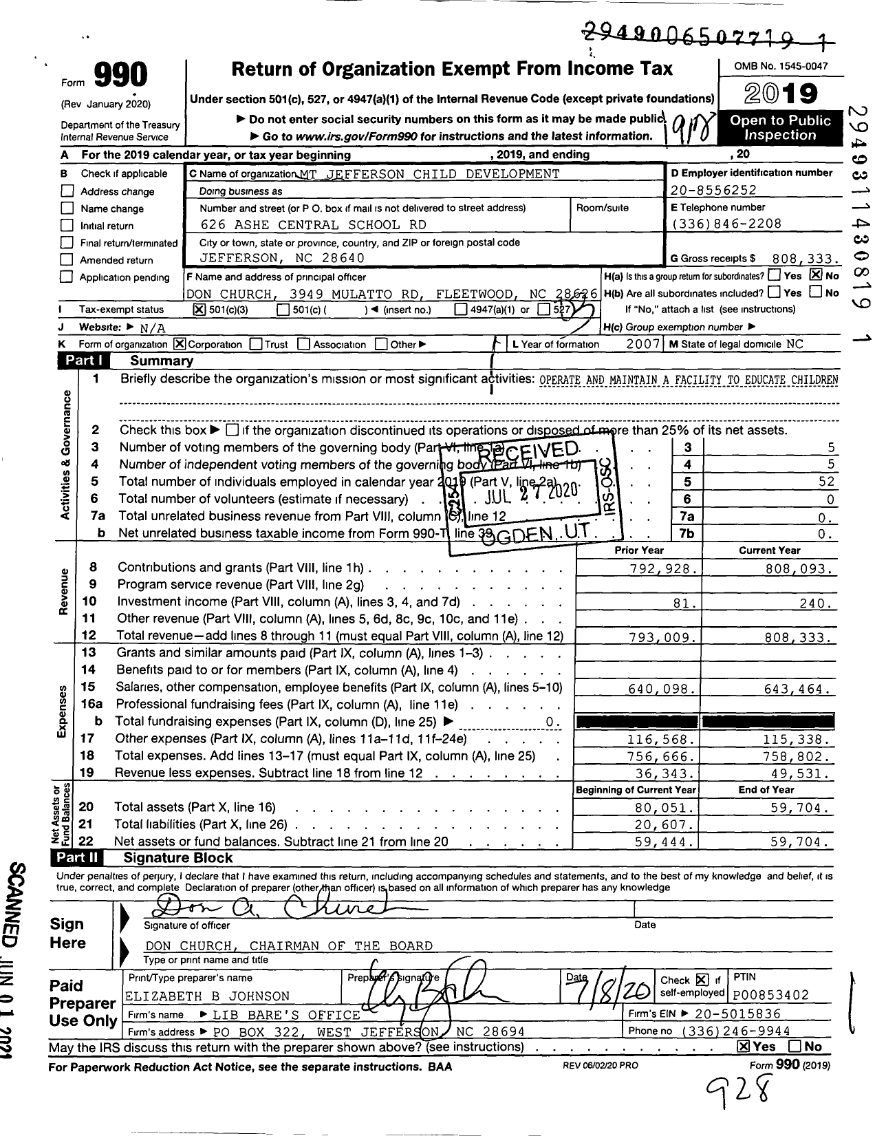 Image of first page of 2019 Form 990 for MT Jefferson Child Development