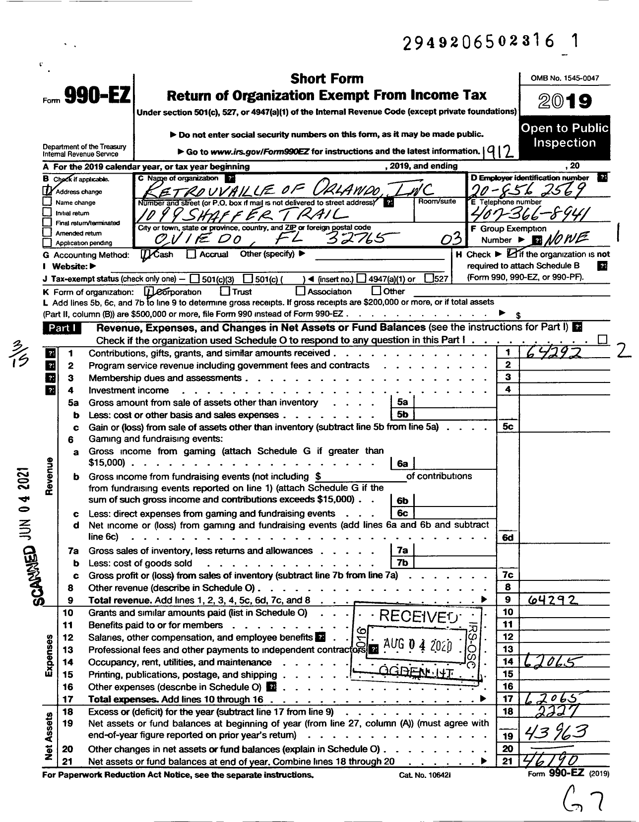 Image of first page of 2019 Form 990EZ for Retrouvaille of Orlando