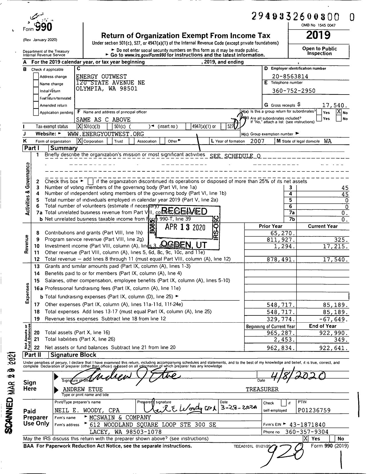 Image of first page of 2019 Form 990 for Energy Outwest