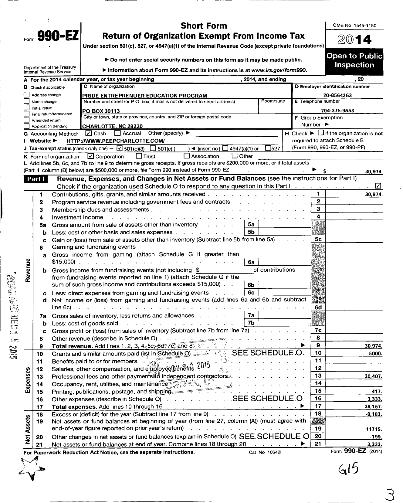 Image of first page of 2014 Form 990EZ for Pride Educational Empowerment Program