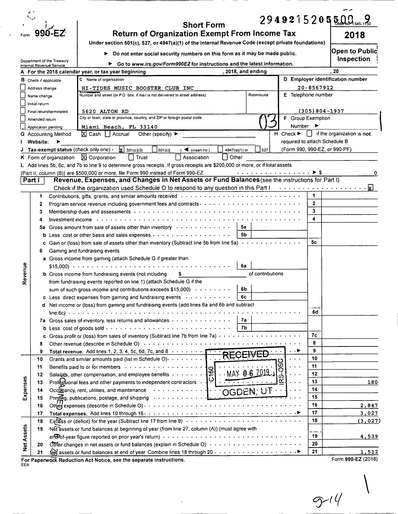 Image of first page of 2018 Form 990EZ for Hi-Tides Music Booster Club