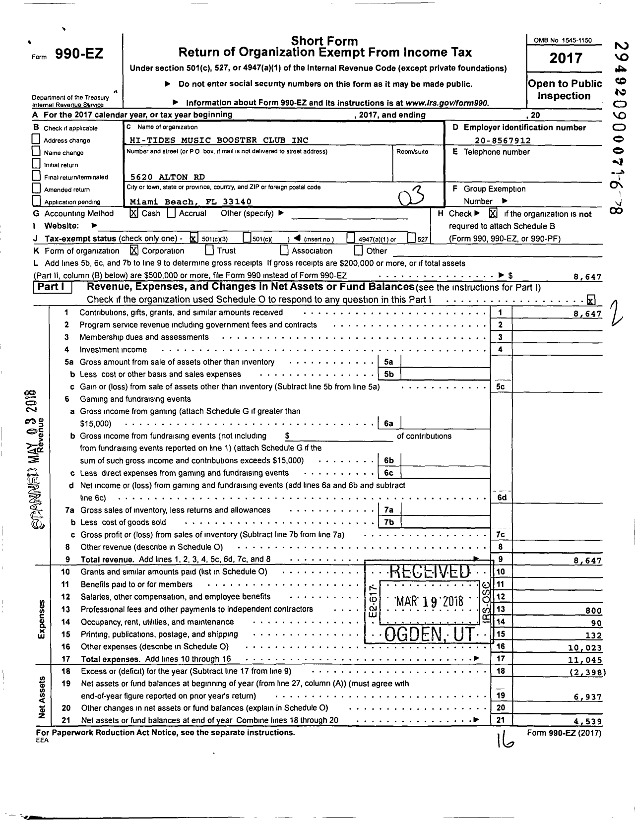 Image of first page of 2017 Form 990EZ for Hi-Tides Music Booster Club