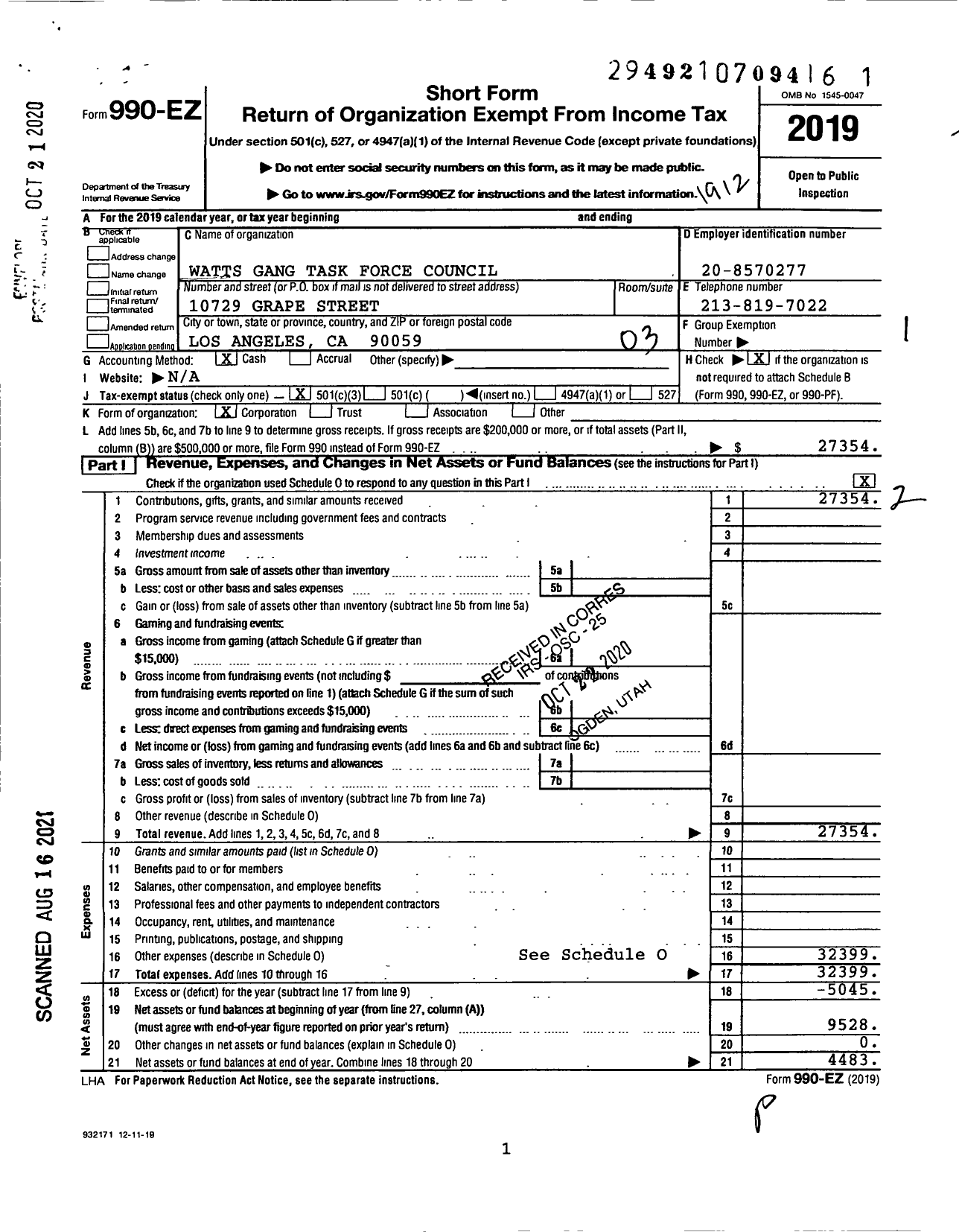 Image of first page of 2019 Form 990EZ for Watts Gang Task Force Council