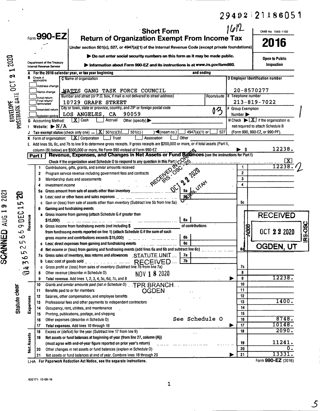 Image of first page of 2016 Form 990EZ for Watts Gang Task Force Council